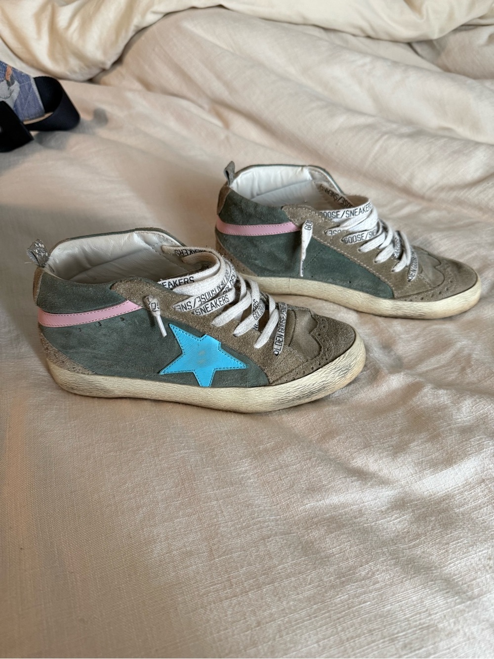Golden Goose Kids Green Suede Sneakers with Blue Star and Pink Trim